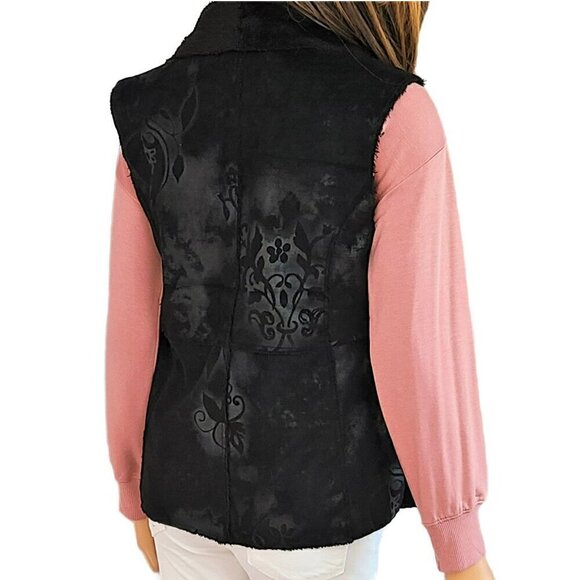New! Dylan Floral Print Vintage Look Faux Suede Fur Lined Boho Vest - Picture 4 of 10